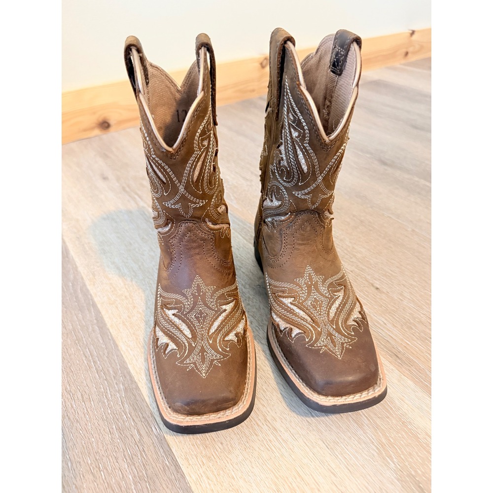 Ariat Kids Brown Leather Western Boots Square Toe Wiggle Room 10046884 Size 12